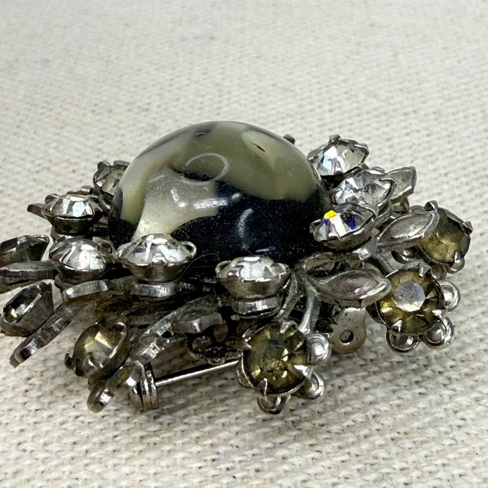 Vintage‎ Floral Brooch Marbled Cabochon Smoky Rhinestone Statement Silver Tone